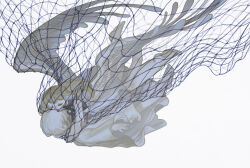 Rule 34 | 1girl, 1other, angel wings, barefoot, blonde hair, closed eyes, colored skin, commentary request, feathered wings, fishing net, floating, from side, full body, grey skin, grey wings, highres, hug, korean commentary, long hair, mime 404, original, simple background, white background, wings