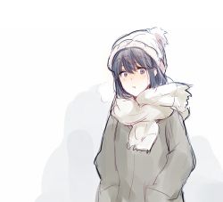 Rule 34 | :i, beanie, blue eyes, blue hair, blush, breath, cold, green jacket, hair between eyes, hands in pockets, hat, jacket, napata, original, scarf, simple background, sketch, solo, white background