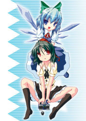 Rule 34 | 2girls, :d, :o, black hair, blue eyes, blue hair, bow, brown legwear, camera, cirno, crossover, decepticon, dress, female focus, flat chest, flying, gradient background, hair between eyes, hair bow, hands on shoulders, hat, kneehighs, looking at viewer, mecha, miniskirt, multiple girls, naitou satoshi, neck ribbon, open mouth, red eyes, reflector, reflector (transformers), ribbon, robot, shameimaru aya, shirt, shoes, short hair, sitting, skirt, smile, socks, spread legs, striped, striped background, tokin hat, touhou, transformers, transformers: generation 1, wings