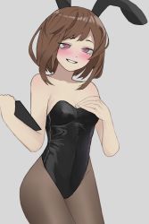 Rule 34 | 1girl, :d, animal ears, bare shoulders, black leotard, black pantyhose, blush, bob cut, boku no hero academia, breasts, brown eyes, brown hair, chinese commentary, cleavage, clipboard, commentary request, cowboy shot, fake animal ears, grey background, grin, groin, hand on own chest, heart, heart-shaped pupils, highres, holding, holding clipboard, leotard, looking at viewer, medium breasts, nose blush, open mouth, pantyhose, parted lips, playboy bunny, rabbit ears, short hair, sidelocks, simple background, sleeveless, smile, solo, strapless, strapless leotard, swept bangs, symbol-shaped pupils, tuesnotu1, uraraka ochako, waitress