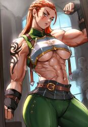 1girl abs belt biceps fingerless_gloves flexing frown gloves green_eyes highres looking_at_mirror mannequin midriff mirror muscular muscular_female original red_hair robusta_mania shoulder_tattoo signature solo sweat tattoo thick_thighs thighs unamused veins veiny_arms window