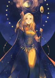 Rule 34 | 1girl, anocurry, blonde hair, bracelet, dress, gloves, jewelry, long hair, looking at viewer, necklace, night, octopath traveler, octopath traveler i, ophilia (octopath traveler), short hair, simple background, solo, staff, standing, star (symbol)