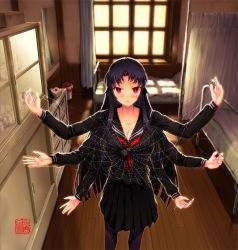 Rule 34 | 1girl, black hair, blush, breasts, cleavage, extra arms, infirmary, large breasts, light smile, long hair, muchousha, pink eyes, school uniform, signature, silk, skirt, solo, spider web, very long hair