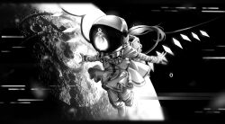 1girl absurdres alternate_costume artist_name astronaut black_border boots border commentary crystal english_commentary flandre_scarlet floating glitch gloves greyscale helmet highres letterboxed monochrome moon outstretched_arms pants side_ponytail skirt solo space space_helmet spacesuit spread_arms title top-exerou touhou white_footwear white_gloves white_pants white_skirt wings