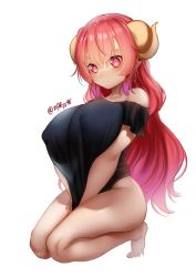 Rule 34 | 1girl, black shirt, bottomless, breasts squeezed together, breasts, covered erect nipples, gradient hair, highres, horns, huge breasts, ilulu (maidragon), kneeling, kobayashi-san chi no maidragon, long hair, looking at viewer, multicolored hair, pink hair, pointy ears, red eyes, red hair, see-through silhouette, shirt, shirt tug, simple background, solo, twitter username, white background, zasshu