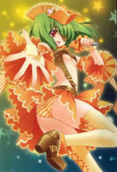 Rule 34 | 1girl, :d, absurdres, ass, breasts, carnelian, detached sleeves, eyelashes, eyepatch, fingerless gloves, fingernails, foreshortening, gloves, green hair, hat, heart, highres, jewelry, macross, macross frontier, microphone, open mouth, panties, ranka lee, red eyes, ribbon, short hair, smile, star (symbol), striped clothes, striped panties, thighhighs, underboob, underwear, yellow thighhighs