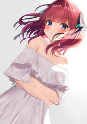 Rule 34 | 1girl, bare shoulders, black ribbon, blue eyes, blue nails, blunt bangs, blush, breasts, butterfly hair ornament, cleavage, collarbone, crossed arms, dress, frilled dress, frills, from below, go-toubun no hanayome, hair ornament, highres, large breasts, looking at viewer, nail polish, nakano nino, off-shoulder dress, off shoulder, parted lips, pink hair, raised eyebrows, ribbon, saki (saki paint), short sleeves, simple background, twintails, white dress