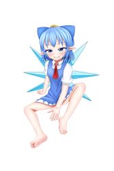Rule 34 | 1girl, absurdres, arm support, barefoot, blue bow, blue dress, blue eyes, blue hair, blush, bow, cirno, dress, feet, grin, hair bow, highres, huangqi (rubyzero2), ice, ice wings, medium hair, pinafore dress, pointy ears, puffy short sleeves, puffy sleeves, short sleeves, simple background, sitting, sleeveless dress, smile, solo, toes, touhou, white background, wings
