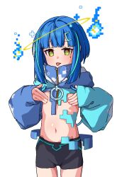 Rule 34 | 1girl, :p, areola slip, bike shorts, blue hair, bob cut, covering nipples, covering privates, cowboy shot, drawstring, flat chest, hair ornament, halo, highres, hitodama, indie virtual youtuber, jacket, jaggy lines, mochituke nullpo, mole, mole under eye, multicolored hair, navel, pixel art, psd available, simple background, sleeves past wrists, solo, stomach, streaked hair, symbol-shaped pupils, tamaya, tongue, tongue out, virtual youtuber, white background, yellow eyes, zipper