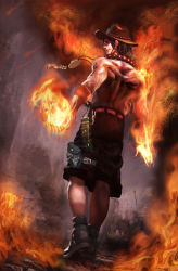 Rule 34 | 1boy, back tattoo, bad anatomy, black hair, dutch angle, elbow pads, fire, from behind, full body, hat, jewelry, knife, looking back, male focus, necklace, one piece, portgas d. ace, realistic, red theme, sheath, sheathed, smile, solo, tattoo, topless male, young-street