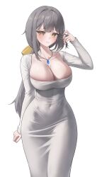 Rule 34 | 1girl, absurdres, black survival, blush, bow, breasts, cleavage, closed mouth, collarbone, commission, covered navel, dr. nadja, dress, eternal return: black survival, grey hair, hair bow, hand in own hair, hand up, highres, jewelry, large breasts, long hair, long sleeves, looking at viewer, necklace, simple background, solo, sweat, tight clothes, tight dress, white background, white dress, yellow bow, yellow eyes, yuzabeecha
