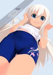 Rule 34 | 1girl, artist name, bike shorts, blonde hair, blue eyes, blue shorts, character name, commentary request, cowboy shot, from below, gluteal fold, gym shorts, highres, inaba shiki, kantai collection, long hair, looking at viewer, ro-500 (kancolle), shirt, shorts, solo, t-shirt, tan, white shirt