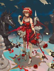 Rule 34 | 1girl, absurdres, apple, black eyes, brown hair, burnt clothes, chess piece, chest tattoo, collar, demon horns, demon tail, demon wings, dress, elbow gloves, food, frilled dress, frills, fruit, gloves, gradient eyes, highres, holding, holding food, holding fruit, holding sword, holding weapon, horns, katana, king (chess), knight (chess), looking at viewer, lucia: plume (punishing: gray raven), lucia (punishing: gray raven), maid headdress, medium hair, multicolored eyes, multicolored hair, official alternate costume, open mouth, orange eyes, pawn (chess), punishing: gray raven, red dress, red hair, red ribbon, ribbon, rook (chess), single horn, streaked hair, sword, tail, tattoo, teeth, thighhighs, torn clothes, upper teeth only, weapon, white gloves, white thighhighs, wings, xe367
