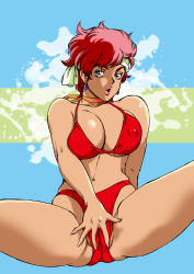 Rule 34 | 1980s (style), 1girl, :o, bare arms, bare legs, bikini, bikini bottom only, breasts, brown eyes, cameltoe, choker, cleavage, covered erect nipples, dirty pair, earrings, female focus, gradient background, groin, highres, jewelry, kei (dirty pair), kugayama hodai, large breasts, legs, looking at viewer, medium hair, navel, oldschool, open mouth, red bikini, red hair, retro artstyle, simple background, sitting, solo, spread legs, swimsuit, thighs