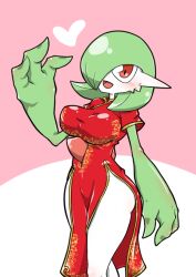 Rule 34 | 1girl, arm at side, blush, bob cut, breasts, china dress, chinese clothes, clothed pokemon, colored skin, creatures (company), dress, female focus, floral print, game freak, gardevoir, gen 3 pokemon, green hair, green skin, hair over one eye, hand up, happy, heart, kazamidoririnn, long dress, looking at viewer, medium breasts, multicolored skin, nintendo, no panties, one eye covered, open mouth, pelvic curtain, personification, pink background, pokemon, pokemon (creature), red dress, red eyes, shiny skin, short hair, short sleeves, side slit, simple background, smile, solo, standing, thighs, two-tone background, two-tone skin, variant set, white skin