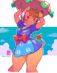 Rule 34 | 1girl, aged up, animal crossing, animal ears, apron, arms up, artist name, basket, blue kimono, blue sky, blunt bangs, blush, blush stickers, bow, breasts, brown eyes, brown hair, cloud, cropped legs, daisy mae (animal crossing), day, earrings, female focus, furry, furry female, head scarf, highres, holding, japanese clothes, jewelry, kimono, leaf, looking to the side, nintendo, no mouth, object on head, outdoors, outline, pig ears, pig tail, rope, sash, shiny skin, short hair, short kimono, short sleeves, signature, single earring, sky, small breasts, snot, snout, solo, standing, starmilk, tail, thick thighs, thighs, transparent background, turnip, twitter username, watermark, wide hips, yen sign