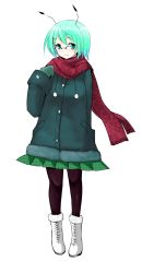 Rule 34 | 1girl, alternate costume, antennae, bespectacled, boots, coat, contemporary, female focus, glasses, green eyes, green hair, han (jackpot), matching hair/eyes, pantyhose, scarf, smile, solo, touhou, wriggle nightbug