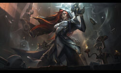 Rule 34 | 1girl, absurdres, black pants, candle, candlestand, green eyes, highres, hood, league of legends, letterboxed, long hair, looking at viewer, miss fortune (league of legends), pants, red hair, smoke, zhangzihan