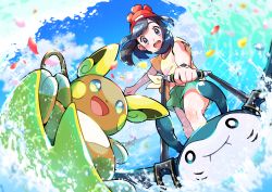 Rule 34 | 1girl, :d, absurdres, alolan form, alolan raichu, beanie, black hair, blush, clenched hand, cloud, commentary request, creatures (company), day, game freak, gen 2 pokemon, gen 7 pokemon, green shorts, hat, highres, holding, making-of available, mantine, medium hair, nintendo, open mouth, outdoors, pokemon, pokemon (creature), pokemon sm, pon yui, red headwear, selene (pokemon), shirt, shorts, sky, smile, splashing, standing, summer, surfing, teeth, tied shirt, tongue, upper teeth only, water, waves