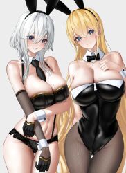 Rule 34 | 2girls, animal ears, azur lane, between breasts, black gloves, black leotard, black necktie, black shorts, blonde hair, blue eyes, blush, bow, bowtie, breasts, brown pantyhose, cleavage, covered navel, cowboy shot, detached collar, detached sleeves, fake animal ears, fine fabric emphasis, gloves, gold trim, half gloves, hand on own chest, highres, huge breasts, isonun, large breasts, leotard, light smile, long hair, looking at viewer, mole, mole on breast, multiple girls, navel, necktie, necktie between breasts, nontraditional playboy bunny, north carolina (azur lane), pantyhose, playboy bunny, rabbit ears, short hair with long locks, short shorts, shorts, simple background, single sleeve, strapless, strapless leotard, suspenders, teeth, thigh gap, very long hair, washington (azur lane), white background, white hair, wrist cuffs