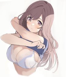 Rule 34 | 1girl, blue shirt, blush, bra, breasts, brown eyes, brown hair, cleavage, closed mouth, clothes lift, grey background, hamu (plot sy), highres, idolmaster, idolmaster shiny colors, lace, lace-trimmed bra, lace trim, large breasts, long hair, looking at viewer, shirt, shirt lift, short sleeves, simple background, solo, sweatdrop, tsukioka kogane, underwear, upper body, white bra
