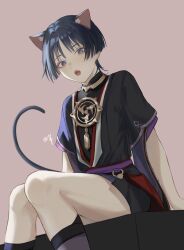 Rule 34 | 1boy, animal ears, black hair, blue eyes, blue hair, blush, brown background, cat boy, cat ears, cat tail, fangs, genshin impact, highres, japanese clothes, looking at viewer, male focus, megumui 9, open mouth, scaramouche (genshin impact), simple background, sitting, solo, tail