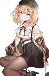 Rule 34 | 1girl, bare shoulders, beret, black footwear, black hat, black ribbon, black skirt, blonde hair, blouse, blue eyes, blush, breasts, brown jacket, brown thighhighs, collarbone, commentary, grin, hair ornament, hat, high heels, highres, hololive, hololive english, jacket, jewelry, key, key necklace, large breasts, looking at viewer, machi (7769), necklace, off-shoulder shirt, off shoulder, open clothes, open jacket, pantyhose, plaid, plaid jacket, pleated skirt, revision, ribbon, see-through, see-through legwear, shirt, sitting, skirt, smile, solo, suspender skirt, suspenders, thighhighs, virtual youtuber, watson amelia, watson amelia (street casual), white background, white shirt, zipper skirt