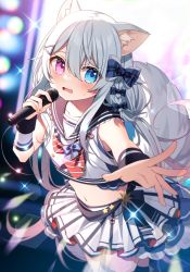 Rule 34 | 1girl, animal ear fluff, animal ears, black sailor collar, blue bow, blurry, blurry background, blush, bow, braid, commission, copyright request, crop top, depth of field, hair between eyes, hair bow, hair ornament, hairclip, hazakura chikori, highres, holding, holding microphone, long hair, looking at viewer, microphone, midriff, navel, open mouth, outstretched arm, plaid, plaid bow, pleated skirt, sailor collar, school uniform, serafuku, shirt, silver hair, skirt, sleeveless, sleeveless shirt, solo, sweat, tail, very long hair, wavy mouth, white shirt, white skirt, wrist cuffs