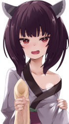 Rule 34 | 1girl, amasora taichi, black hair, censored, chikuwa, collarbone, commentary request, erection, flat chest, food, handjob, headgear, heart, heart-shaped pupils, highres, holding, holding food, japanese clothes, kimono, looking at viewer, mosaic censoring, obi, off shoulder, open mouth, penis, purple sash, red eyes, sash, simple background, smile, solo, symbol-shaped pupils, touhoku kiritan, upper body, voiceroid, white background, wide sleeves, x-ray