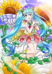Rule 34 | 1girl, :d, bare shoulders, blue hair, blush, butterfly hair ornament, butterfly wings, commentary request, flower, frilled skirt, frills, glint, gloves, green eyes, green footwear, hair between eyes, hair ornament, hands up, hatsune miku, highres, holding, holding microphone, insect wings, leaf, long hair, microphone, microphone stand, nichika (nitikapo), open mouth, plant, pleated skirt, red shirt, red skirt, shirt, shoes, signature, skirt, smile, solo, sunflower, teeth, twintails, upper teeth only, very long hair, vines, vocaloid, white flower, white gloves, wings, yellow flower