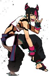 Rule 34 | 1girl, absurdres, aqua nails, arched back, baggy pants, bare shoulders, belt, black belt, black hair, blue eyes, bracelet, candy, collar, crop top, dyed bangs, feet, fingerless gloves, food, foot out of frame, from side, gloves, hair horns, han juri, hand up, heterochromia, highres, isaacchief300, jewelry, knee up, leaning forward, lollipop, looking at viewer, multicolored hair, nail polish, paint splatter, panties over leggings, pants, pinky out, pointing, pointing down, purple eyes, short hair, sidelocks, sleeveless, smile, solo, spiked anklet, spiked bracelet, spiked collar, spikes, standing, standing on one leg, stirrup footwear, street fighter, street fighter iv (series), teeth, toeless legwear, toenail polish, toenails, tongue, two-tone hair
