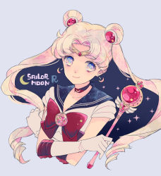 Rule 34 | 1girl, bad id, bad pixiv id, bishoujo senshi sailor moon, blonde hair, blue background, blue eyes, blue sailor collar, bow, brooch, choker, circlet, closed mouth, copyright name, cutie moon rod, double bun, elbow gloves, gloves, hair bun, hair ornament, hairpin, holding, holding wand, jewelry, long hair, looking at viewer, magical girl, parted bangs, red bow, red neckwear, sailor collar, sailor moon, sailor senshi uniform, saki (hxaxcxk), simple background, smile, solo, tsukino usagi, twintails, upper body, wand, white gloves