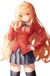 Rule 34 | 1girl, absurdres, aisaka taiga, bad id, bad pixiv id, black ribbon, blush, brown eyes, brown hair, collared shirt, feet out of frame, female focus, hair intakes, hand on own hip, highres, holding, holding own hair, jacket, long hair, long sleeves, looking at viewer, neck ribbon, oohashi high school uniform, pleated skirt, poise, red jacket, ribbon, school uniform, shiny clothes, shirt, simple background, skirt, smile, solo, thighhighs, toradora!, white background, white shirt