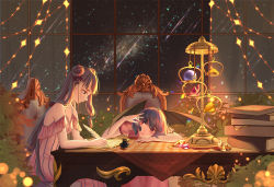 Rule 34 | 2girls, absurdres, bare shoulders, bat wings, blue bow, blue hair, blush, book, book stack, bow, chair, closed mouth, commentary, double bun, dress, gem, gold, hair bow, hair bun, hair over shoulder, highres, holding, holding gem, indoors, ink bottle, lips, long hair, looking at object, multiple girls, night, night sky, no headwear, off-shoulder dress, off shoulder, on chair, orange gemstone, orb, paper, patchouli knowledge, pink dress, plant, puffy short sleeves, puffy sleeves, purple eyes, purple hair, quill, red bow, red eyes, red gemstone, remilia scarlet, shooting star, short hair, short sleeves, sitting, sky, smile, star (sky), starry sky, striped clothes, striped dress, table, touhou, vertical-striped clothes, vertical-striped dress, very long hair, wanmian, weighing scale, window, wings, writing