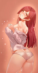 Rule 34 | 1girl, ass, blush, contrapposto, cowboy shot, from behind, grin, hahri&#039;s lumpy boardhouse, head tilt, highres, long hair, long sleeves, looking at viewer, looking back, mx2j, off shoulder, panties, pink panties, red eyes, red hair, red theme, simple background, smile, solo, standing, sweat, underwear, white panties, won yesuh