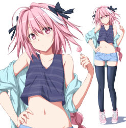 Rule 34 | 1boy, absurdres, ahoge, alternate costume, astolfo (fate), bare shoulders, black bow, black thighhighs, blue hoodie, blue shirt, blush, bow, braid, candy, casual, collarbone, commentary request, crop top, denim, denim shorts, fate/apocrypha, fate/grand order, fate (series), food, full body, hair between eyes, hair bow, hair intakes, hand on own hip, hand up, head tilt, highres, holding, holding candy, holding food, holding lollipop, hood, hoodie, lollipop, long hair, looking at viewer, male focus, midriff, multicolored hair, navel, nori tamago, off shoulder, pink eyes, pink footwear, pink hair, shadow, shirt, shoes, short shorts, shorts, simple background, sleeveless, sleeveless shirt, sneakers, solo, standing, stomach, streaked hair, striped clothes, striped shirt, thighhighs, trap, upper body, white background, white hair, zoom layer