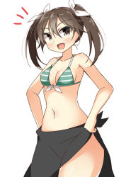 Rule 34 | &gt;:d, 10s, 1girl, :d, bad id, bad pixiv id, bikini, bikini top only, blush, bow, bow bikini, breasts, brown hair, collarbone, cowboy shot, hair ribbon, hands on own hips, kankitsunabe (citrus), kantai collection, navel, open mouth, ribbon, sarong, small breasts, smile, solo, swimsuit, tone (kancolle), twintails, v-shaped eyebrows, white background
