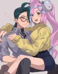 2girls :d ahoge black-framed_eyewear black_shorts blue_hair blush character_hair_ornament commentary creatures_(company) earrings eyelashes game_freak glasses green_hair grey_background grey_shirt hair_ornament heart highres iono_(pokemon) jewelry knees long_hair mei_(manjunii) multicolored_hair multiple_girls nintendo open_mouth pants pokemon pokemon_sv purple_hair rika_(pokemon) sharp_teeth shirt shorts smile sweater symbol-only_commentary teeth two-tone_hair yellow_sweater