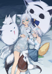 Rule 34 | 2girls, :d, absurdres, ahoge, animal ear fluff, animal ears, bare shoulders, bed sheet, blue eyes, blue ribbon, blue skirt, bow, character request, commentary request, corn, detached sleeves, drawstring, ear ribbon, facial mark, feet out of frame, forehead, forehead mark, fox ears, fox girl, fox tail, fubuzilla (shirakami fubuki), grey hoodie, hair between eyes, hand on another&#039;s head, highres, hololive, hood, hood down, hoodie, ichika (ichika87), long hoodie, long sleeves, lying, multiple girls, on back, on side, open mouth, pantyhose, pleated skirt, ribbon, shirakami fubuki, shirt, skirt, sleeves past wrists, smile, tail, virtual youtuber, white legwear, white shirt, white sleeves, wide sleeves
