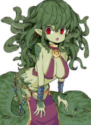 Rule 34 | 1girl, arm between legs, arm wrap, armlet, breasts, colored skin, dangle earrings, earrings, fang, frfr, gold trim, green hair, green scales, green skin, harem outfit, highres, jewelry, lamia, large breasts, loincloth, long hair, looking at viewer, monster girl, open mouth, original, pointy ears, red eyes, revealing clothes, sleeveless, slit pupils, snake hair, snake tail, solo, surprised, tail, white background