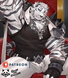 Rule 34 | 1boy, absurdres, animal ears, arknights, armpit hair, armpits, bandaged hand, bandages, bara, belt, black belt, black tank top, bulge, chain, chain necklace, coat, coat on shoulders, furry, furry male, highres, jewelry, large pectorals, looking at viewer, male focus, mountain (arknights), muscular, muscular male, navel, necklace, pants, pectoral cleavage, pectorals, ratontheraccoon, scar, scar across eye, scar on arm, scar on chest, scar on face, selfie, short hair, sidepec, sitting, smile, solo, spread legs, tank top, thick thighs, thighs, throne, tiger boy, tiger ears, white fur, white hair, white pants