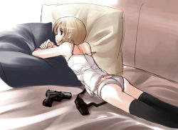 Rule 34 | 00s, ass, back, black thighhighs, blonde hair, camisole, flat chest, gun, gunslinger girl, handgun, holster, lingerie, looking back, lying, on stomach, panties, pistol, rico (gunslinger girl), semi-automatic firearm, short hair, solo, thighhighs, underwear, walther, walther p99, weapon, white panties