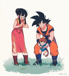 Rule 34 | 1girl, 2boys, animated, animated gif, baby, black eyes, black hair, boots, bracelet, carrying, carrying person, chi-chi (dragon ball), child, chinese clothes, dougi, dragon ball, dragonball z, father and son, fur trim, grass, holding baby, husband and wife, jewelry, mother and son, multiple boys, on grass, pectorals, resisting, roku (roku 0141), saiyan, saiyan tail, short hair, simple background, smile, son gohan, son goku, spiked hair, tail, white background, wristband