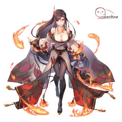 Rule 34 | 1girl, ark order, artist name, bare shoulders, black hair, black pantyhose, breasts, character request, cleavage, collarbone, earrings, eyebrows, hair ornament, highres, holding, holding weapon, jewelry, large breasts, long hair, looking at viewer, low-tied long hair, necklace, official art, pantyhose, red eyes, shoes, signature, solo, standing, straight hair, tattoo, very long hair, weapon, you ni ge shaobing