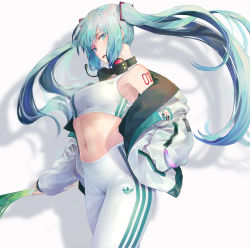 Rule 34 | 1girl, absurdres, alternate costume, aqua eyes, aqua hair, breasts, cowboy shot, food, hachune miku, hair ornament, hand in pocket, hatsune miku, headphones, headphones around neck, headset, high-waist pants, highres, holding, holding food, jacket, long hair, long sleeves, looking at viewer, medium breasts, navel, number tattoo, open clothes, open jacket, open mouth, pants, pigone, shoulder tattoo, sidelocks, simple background, solo, sports bra, spring onion, stomach, tattoo, twintails, very long hair, vocaloid, white background, white jacket, white pants, yoga pants