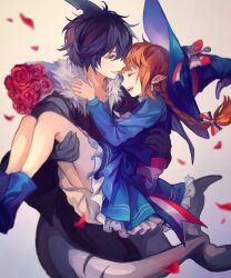 Rule 34 | 1boy, 1girl, anchor hat ornament, aokamei, black hair, black jacket, blue dress, blue footwear, blue headwear, bouquet, brown hair, carrying, commentary, dorsal fin, dress, english commentary, falling petals, fins, fish tail, flower, frilled dress, frills, funamusea, fur-trimmed jacket, fur trim, grey background, hat, hat ornament, hat ribbon, hetero, jacket, long sleeves, oounabara to wadanohara, open mouth, petals, pointy ears, princess carry, ribbon, samekichi (funamusea), shark tail, tail, wadanohara, witch hat