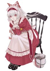 Rule 34 | 1girl, alternate costume, apron, black footwear, bow, bucket, candy, chair, closed mouth, commentary request, dress, enmaided, food, fujiwara no mokou, full body, grey hair, hair bow, highres, holding, holding candy, holding food, holding lollipop, juliet sleeves, leaning forward, lollipop, long hair, long sleeves, looking at viewer, maid, maid headdress, nanasuou, puffy sleeves, red bow, red dress, red eyes, simple background, sitting, solo, touhou, towel, waist apron, water, white apron, white background, white bow