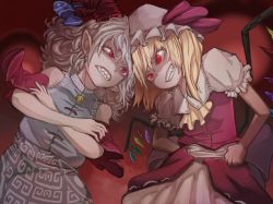 Rule 34 | 2girls, angry, ascot, bare shoulders, blonde hair, clenched hand, clenched teeth, collared shirt, confrontation, crossed arms, curly hair, detached sleeves, eye contact, fangs, flandre scarlet, forehead-to-forehead, frilled shirt collar, frills, grey shirt, hands on own hips, hat, hat ribbon, heads together, highres, horizontal pupils, horn ornament, horn ribbon, horns, kaden (muxt8423), looking at another, meandros, mob cap, multiple girls, one side up, pointy ears, puffy short sleeves, puffy sleeves, red background, red eyes, red horns, red ribbon, red sleeves, red vest, ribbon, sharp teeth, sheep horns, shirt, short hair, short sleeves, slit pupils, teeth, touhou, toutetsu yuuma, v-shaped eyebrows, vest, white hair, wings, yellow ascot