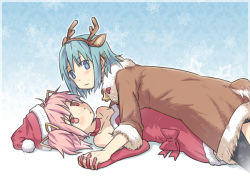 Rule 34 | 10s, 2girls, animal costume, antlers, bare shoulders, bell, blue eyes, blue hair, choker, collar, collarbone, elbow gloves, girl on top, gloves, gmork, hair ornament, hair ribbon, hairclip, hat, holding hands, horns, interlocked fingers, jewelry, kaname madoka, looking at viewer, lying, mahou shoujo madoka magica, mahou shoujo madoka magica (anime), miki sayaka, multiple girls, musical note, neck bell, pantyhose, pink eyes, pink hair, reindeer antlers, reindeer costume, ribbon, ring, santa costume, santa hat, short hair, short twintails, twintails, yuri