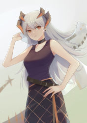 Rule 34 | 1girl, arknights, bare arms, bare shoulders, black choker, black skirt, black tank top, choker, commentary, cowboy shot, hand on own hip, hand up, highres, holding, horns, long hair, looking at viewer, orange eyes, saria (arknights), shinoeda, silver hair, skirt, solo, standing, tank top